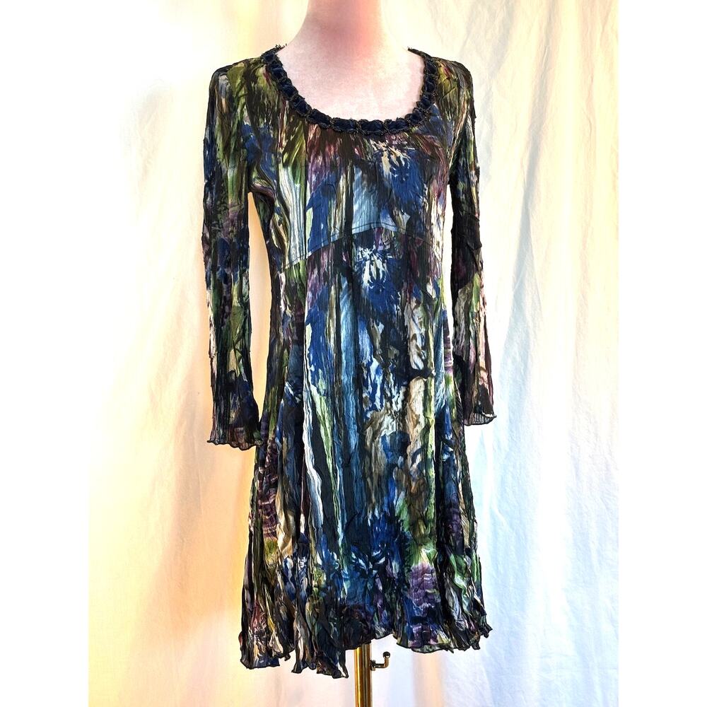 Alberto Makali Crinkle Fabric Dress Long Sleeve Asymmetrical Flutter Hemline S